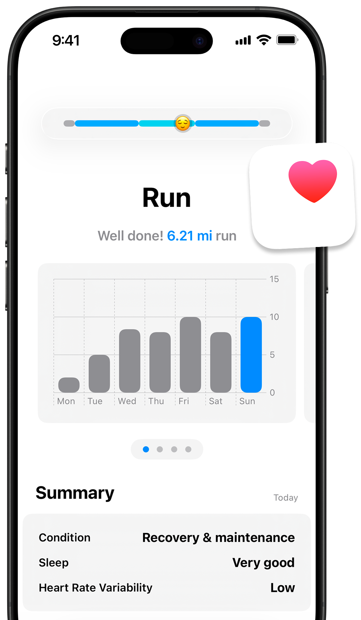 Forerunner app showing run summary and Apple Health integration